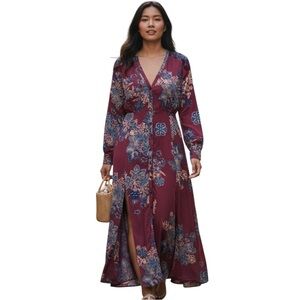 Free People Miranda Floral Dress Women’s Sz 2 Burgundy Embroidery Midi Flowy